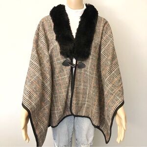 Vintage brown & beige plaid cape/poncho with black faux fur collar.